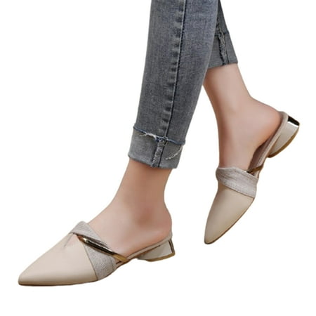 

Point Toe Twist Flat Mules Thick Heel Sandal for Women with Rubber Sole Summer Shoes