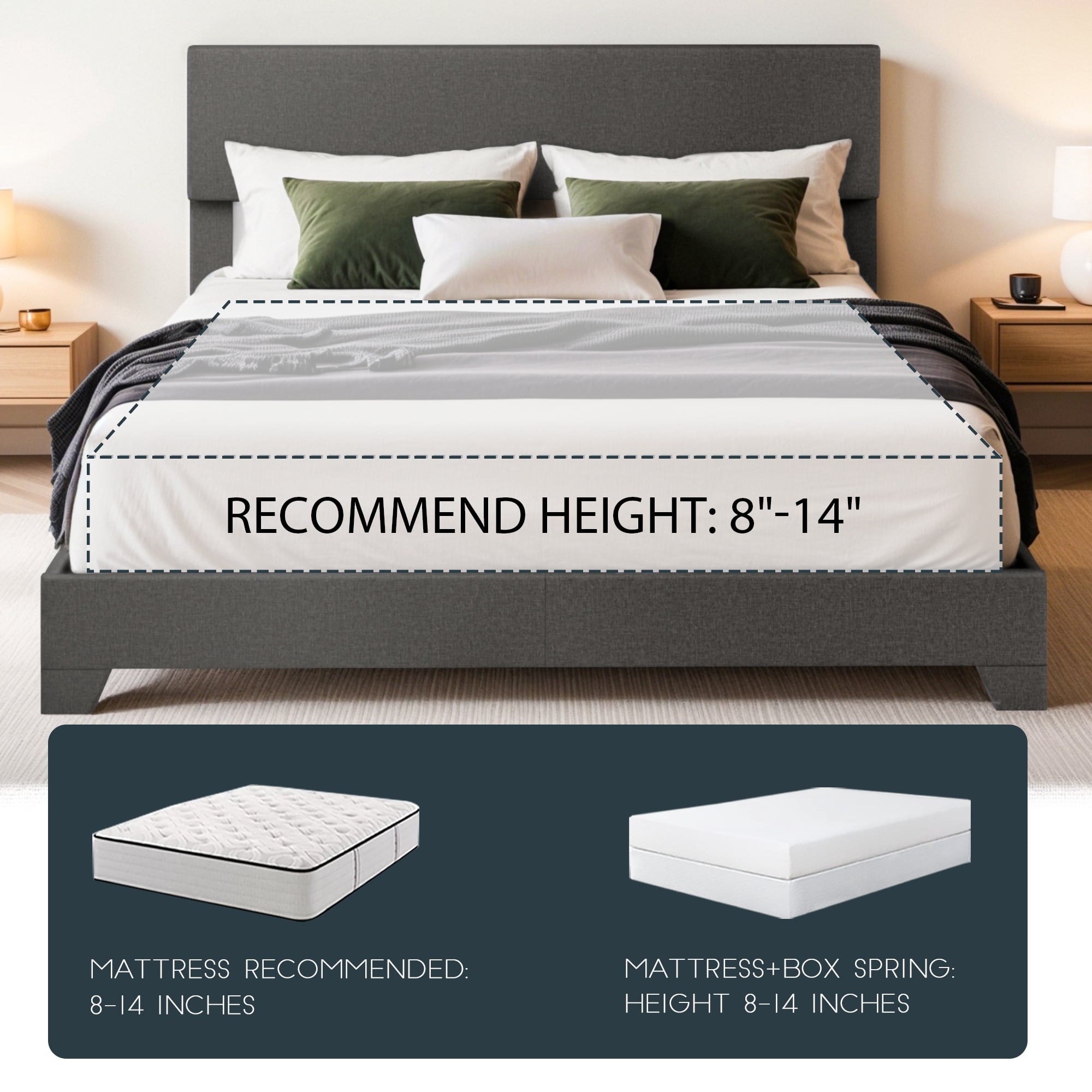 Einfach Queen Size Fabric Upholstered Bed Frame with Adjustable Headboard, No Box Spring Needed, Deep Grey, Low