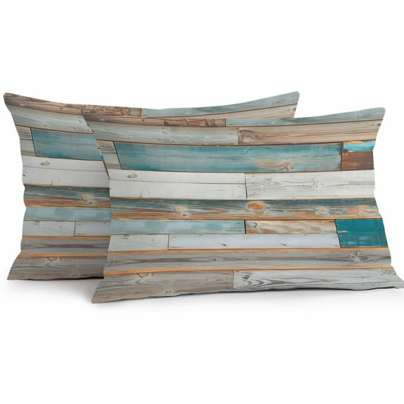 Waterproof Throw Pillow Covers Set of 2, 20x12 Inch Turquoise Brown Decorative Pillowcases Outdoor Pillow Slip Cushion Covers Set for Couch Tent Vintage Country Ombre Wooden Grain