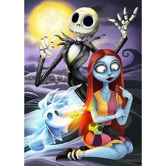 nipocaio Skull Jack and Sally Round Diamond Set, 5D Wall Painting Art, Gem Art Craft Children's Home Game 15.8x11.8 inches