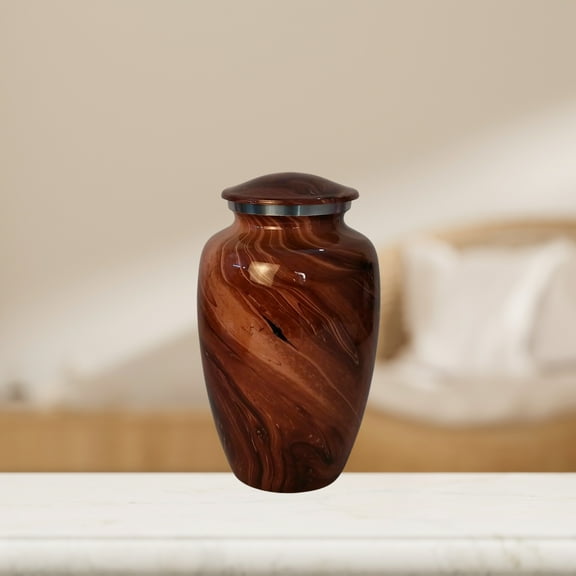 Brown Marble Finish Large Adult Cremation Urn for Human Ashes — With Velvet Bag