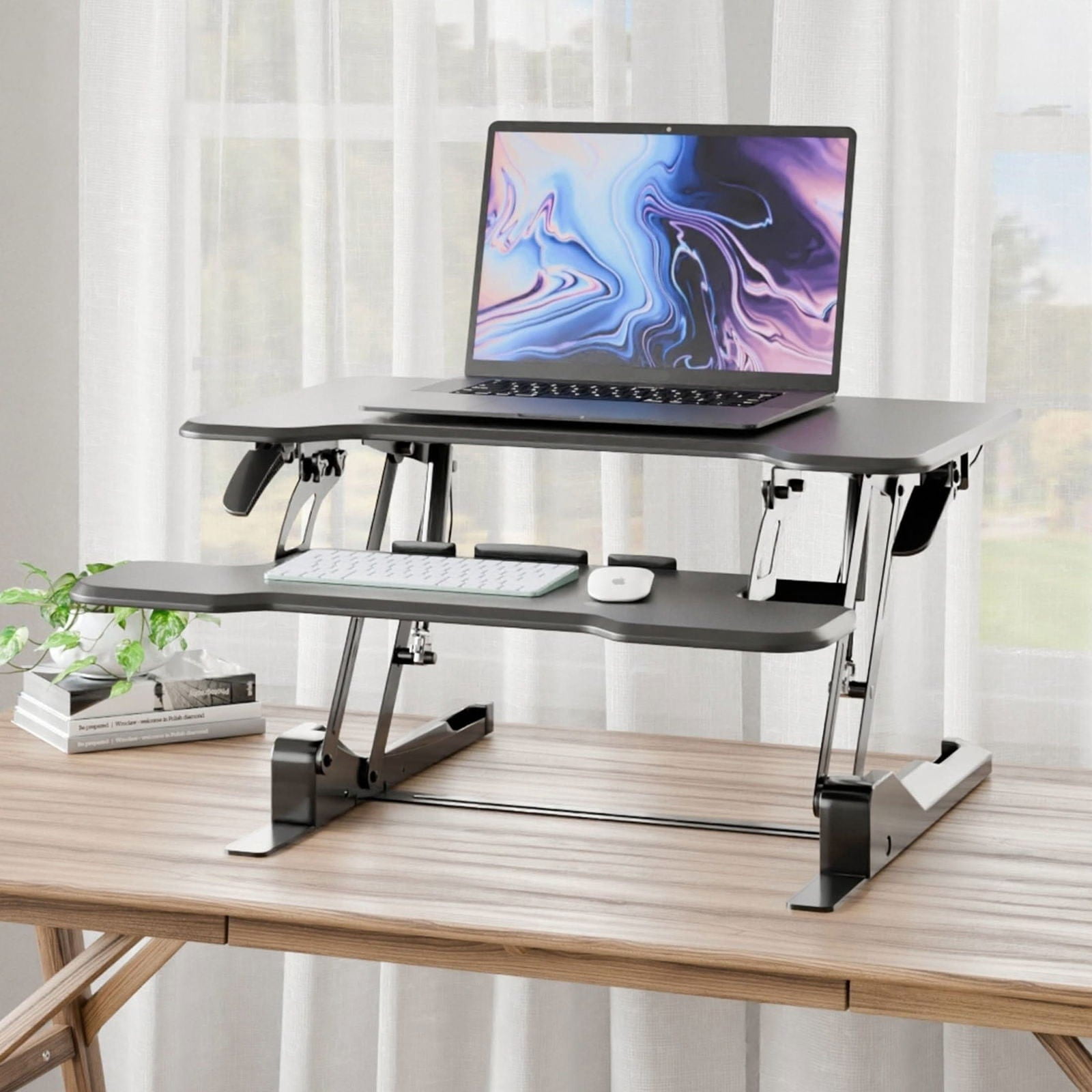 30'' Compact Standing Desk Converter – Height Adjustable Sit Stand Riser with Keyboard Tray, Gas Spring Lift – Ideal for Small Spaces, Home or Office, Black