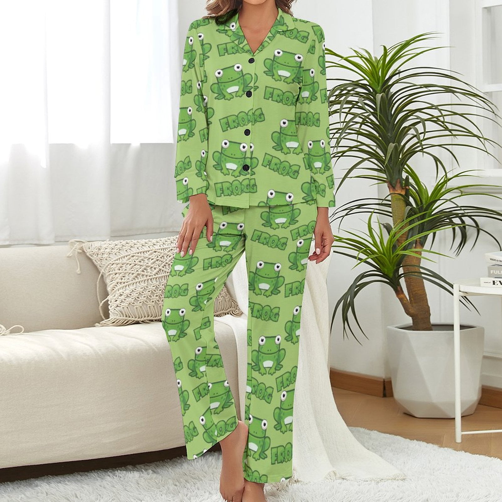 Cute Frog Pattern Womens Pyjamas Set Long Sleeve 2 Piece