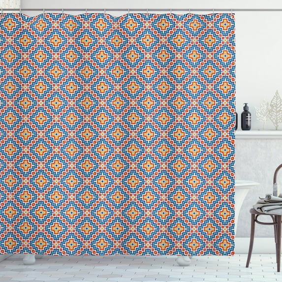 Aztec Shower Curtain, Portuguese Azulejo Mosaics Style European Ethnic Classic Medieval Motif, Fabric Bathroom Set with Hooks, 69W X 70L Inches, Apricot Red Sky Blue, by Ambesonne