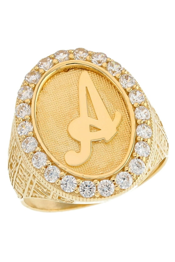 14k Yellow Gold Mens Oval Halo White CZ Initial Letter A Ring