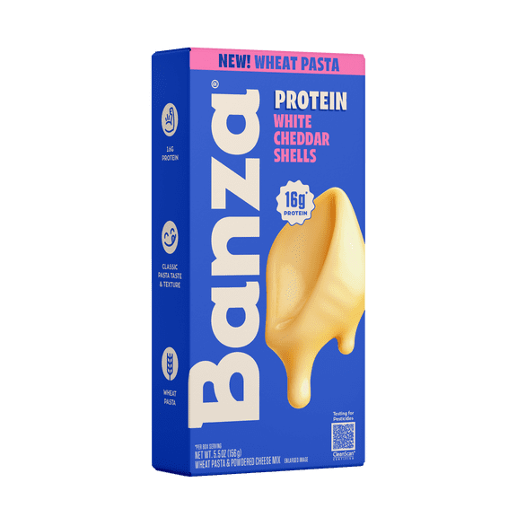 Banza Wheat Protein White Cheddar Shells Mac & Cheese – 16g Protein per Serving, No-Compromises Taste & Texture, Creamy & Cheesy, Powered by Chickpeas, 5.5oz