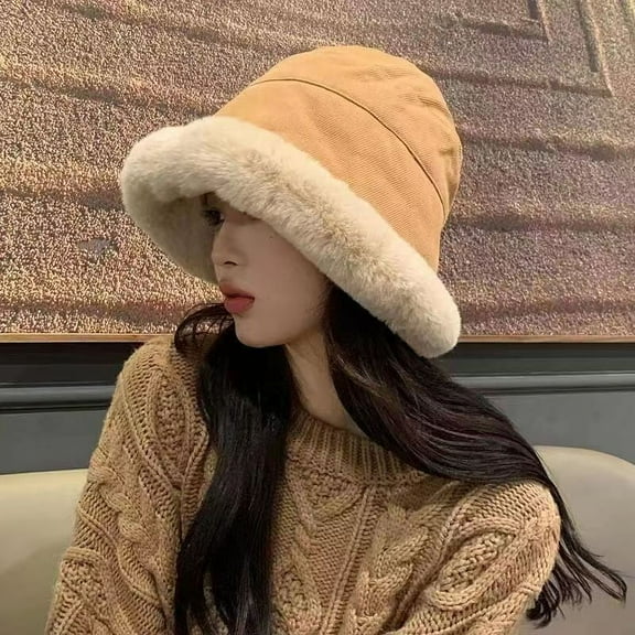 Nvzi Women's Thickened Bucket Hat, New Winter Warm Solid Color Foldable Soft Faux Fur Hat (Khaki)