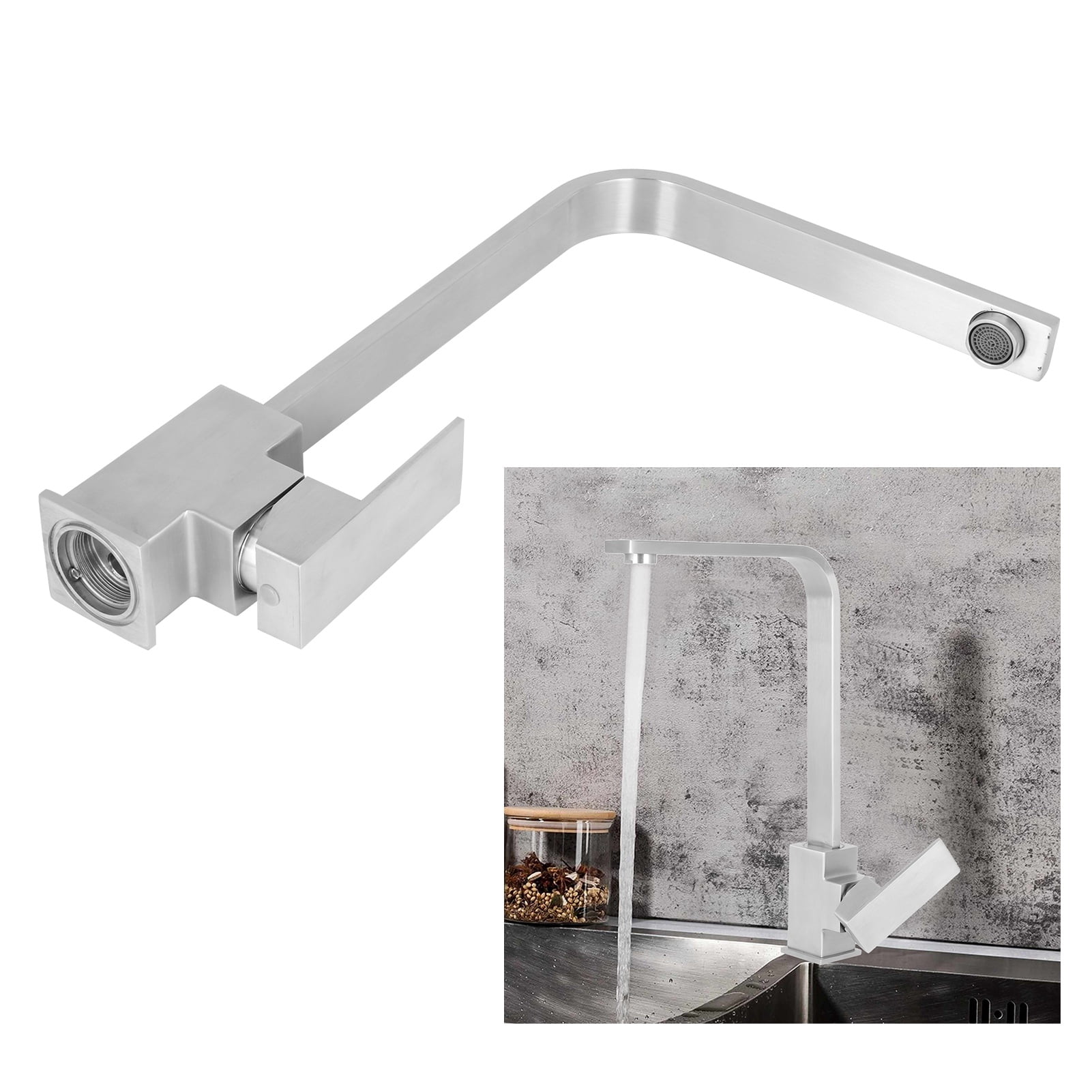 Suodoka G1/2 Kitchen Sink Faucet Set, 360° Rotating 304 Stainless Steel Cold Hot Mixer Water Tap with 2 Hoses, Brushed Finish Ceramic Disc Spool Single Handle, 13.6 inches / 34.5 cm Height