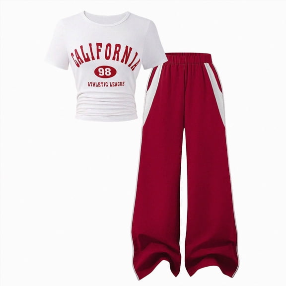 BOBOGOJP Girls 2 Outfits Short Sleeve Letter Print Top+Wide Leg Pants with Pockets Summer Clothing Set Sizes 8-15 Red for Size 9-10 Years