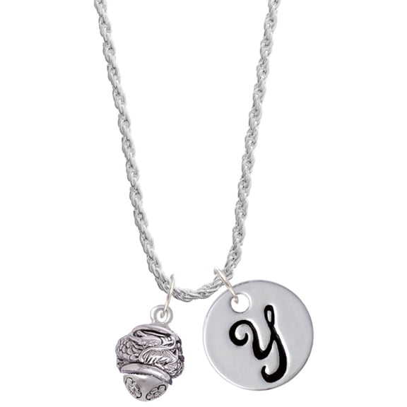 Delight Jewelry Silvertone Antiqued Dragon Spinner Silvertone Script Initial Disc - Y - Charm Necklace, 20"+3"