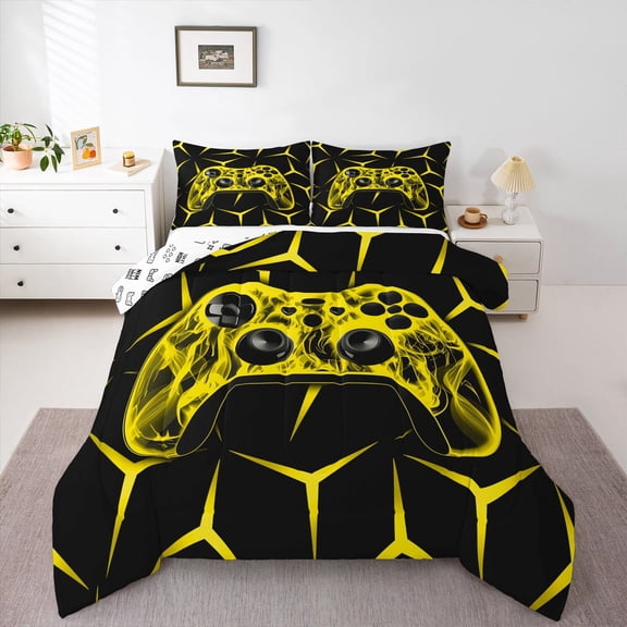 Castle Fairy Video Game Twin Comforter Sets,Abstract Geometric Gamepads Bedding Set