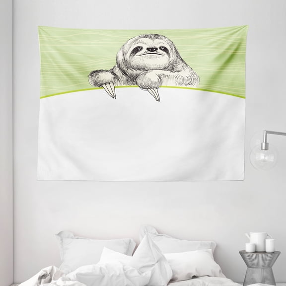 Sloth Tapestry, Hand Drawn Sluggish Animal Sloth on Green Abstract Background Curved Line, Wall Hanging for Bedroom Living Room Dorm Decor, 80W X 60L Inches, Pistachio Green Black, by Ambesonne