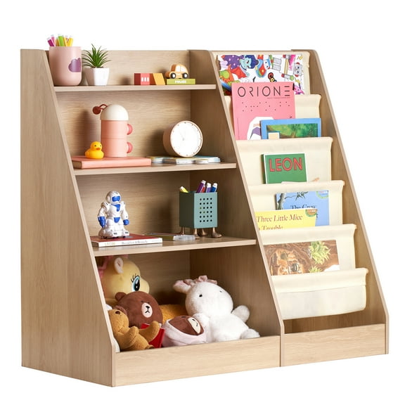 KFFKFF 4-Tier children's Wooden Bookshelf Six-Tier Sling Bookcase for Books and Toys