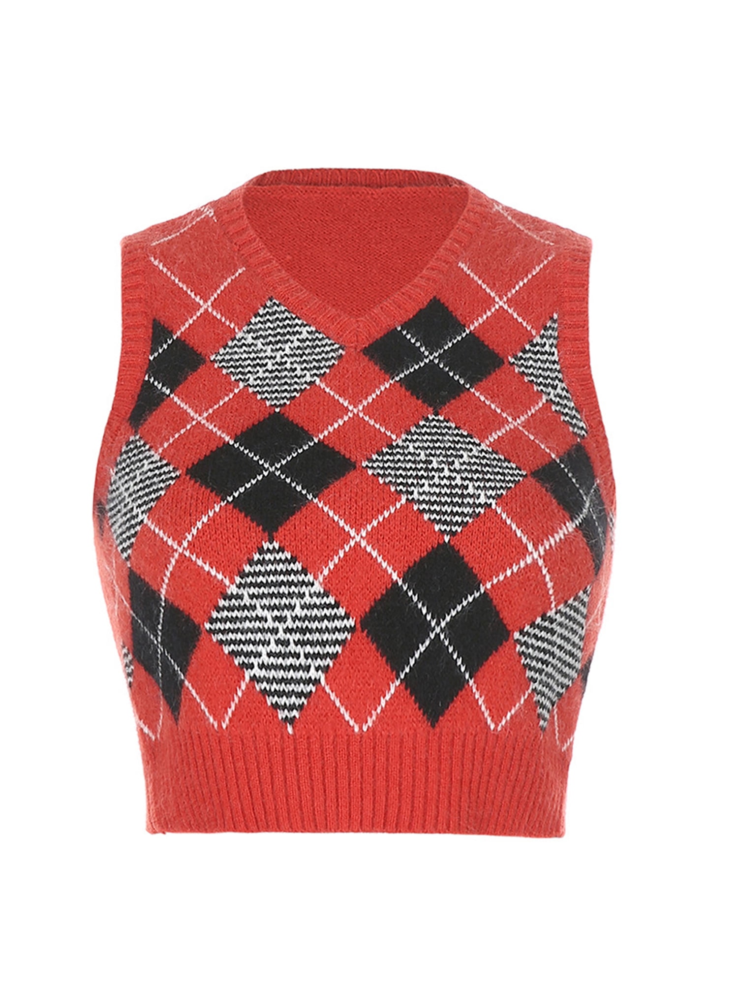 SLSKY Women Sweater Vest Autumn Stylish Vintage Geometric Argyle V Neck Sleeveless Pullovers Knitted Woman Sweaters