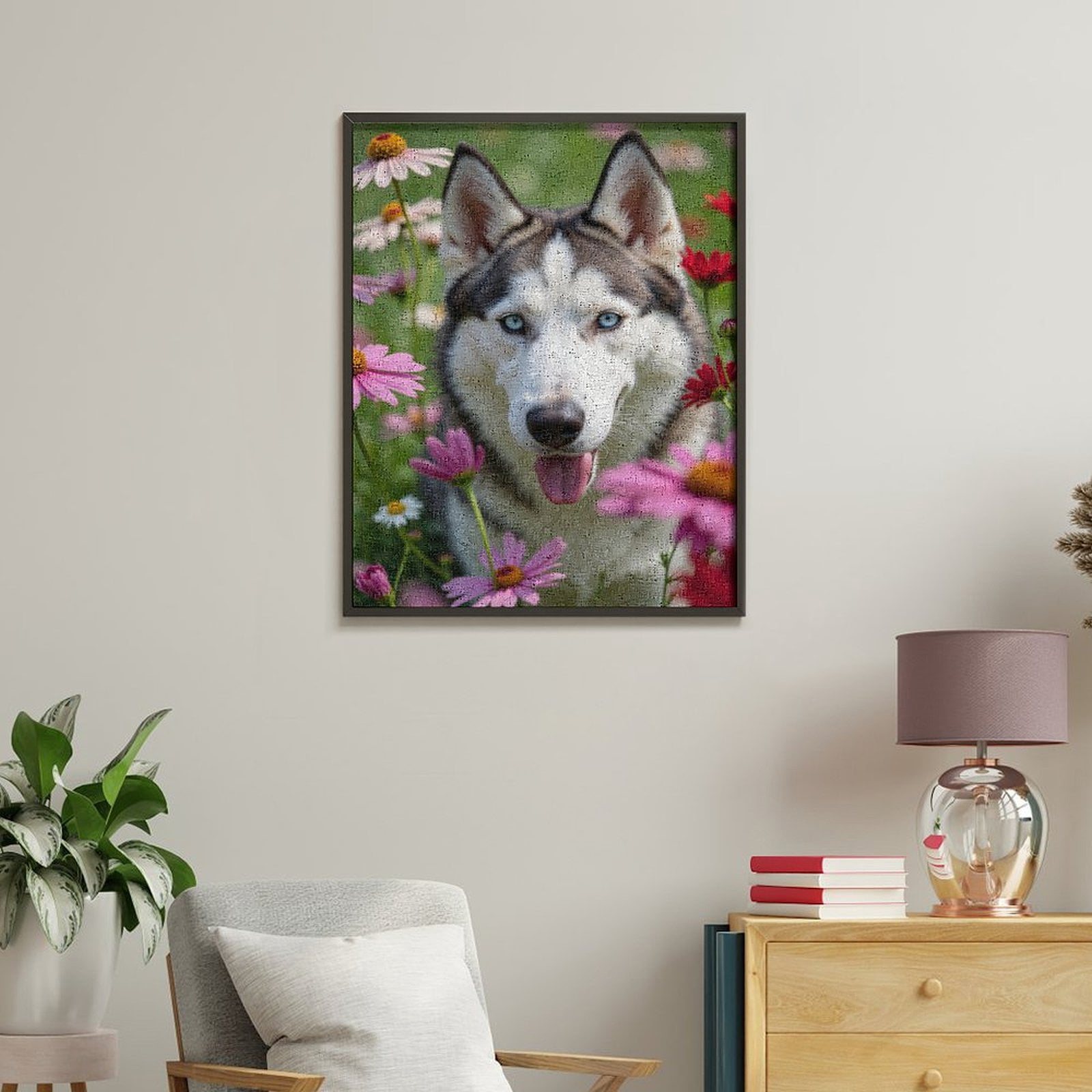 Paint By Numbers Kit for Adults Beginner - DIY Siberian Dog Among Colorful Flowers Canvas Painting Kits for Adults, Frameless Paint By Number for Adults for Home Wall Decor 16x20 Inch