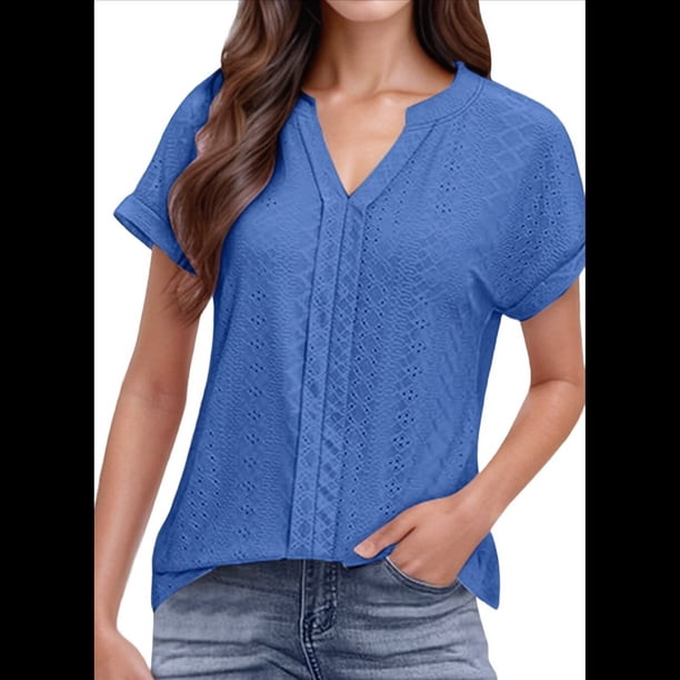 Blusas con Ojales para Mujer, Cuello en V, Corta, Bordadas, Estilo , Informal, Holgada, de Verano Azul XXL