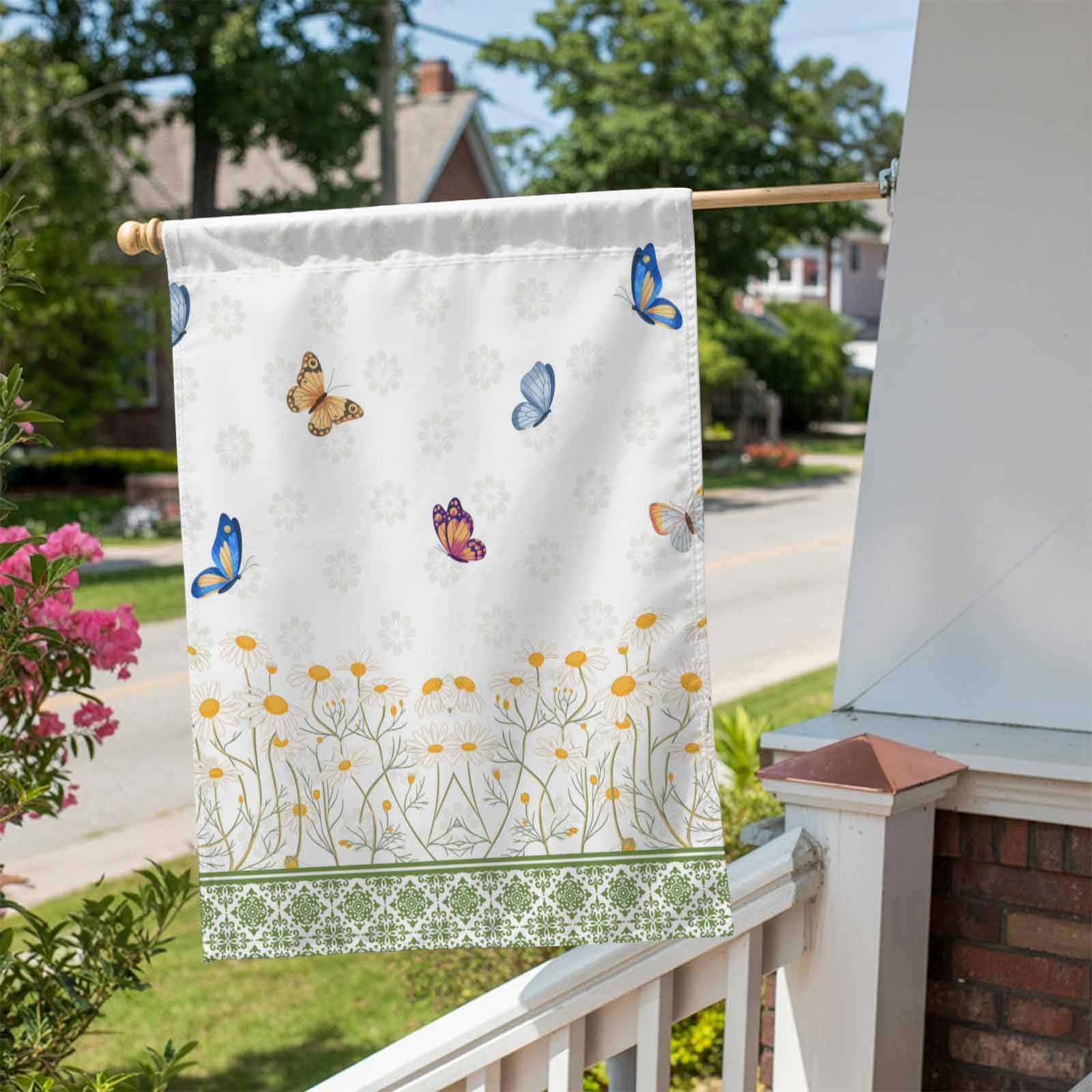 Spring Daisy Flower House Flag 28 x 40 Inches, Blue Butterflies Green Floral Plaid Weather Proof Outdoor Patio Flags Double Sided Small House Decoration for Yard Lawn Outside Home