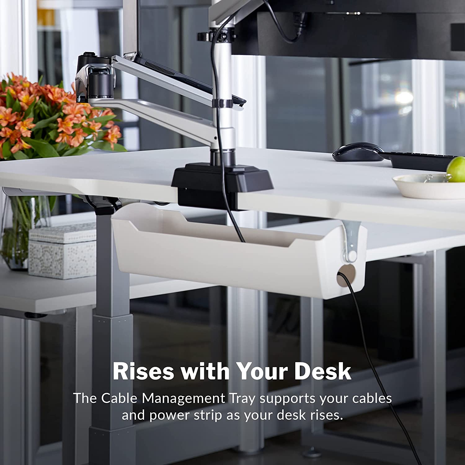 Vari Cable Management Tray - Under Desk Cord & Wire Organizer - Ideal for Home Office Sit Stand Desks - Fits Adjustable Electric Standing Desk 48x30, 60x30, 60x24, 72x30 - Easy Assembly (White)