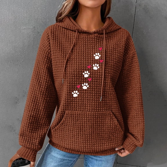 Pounoo Waffle Knit Hoodies for Women Cute Dog Paw Heart Gift Print Long Sleeve Tops Winter Warm Pet Owner Top With