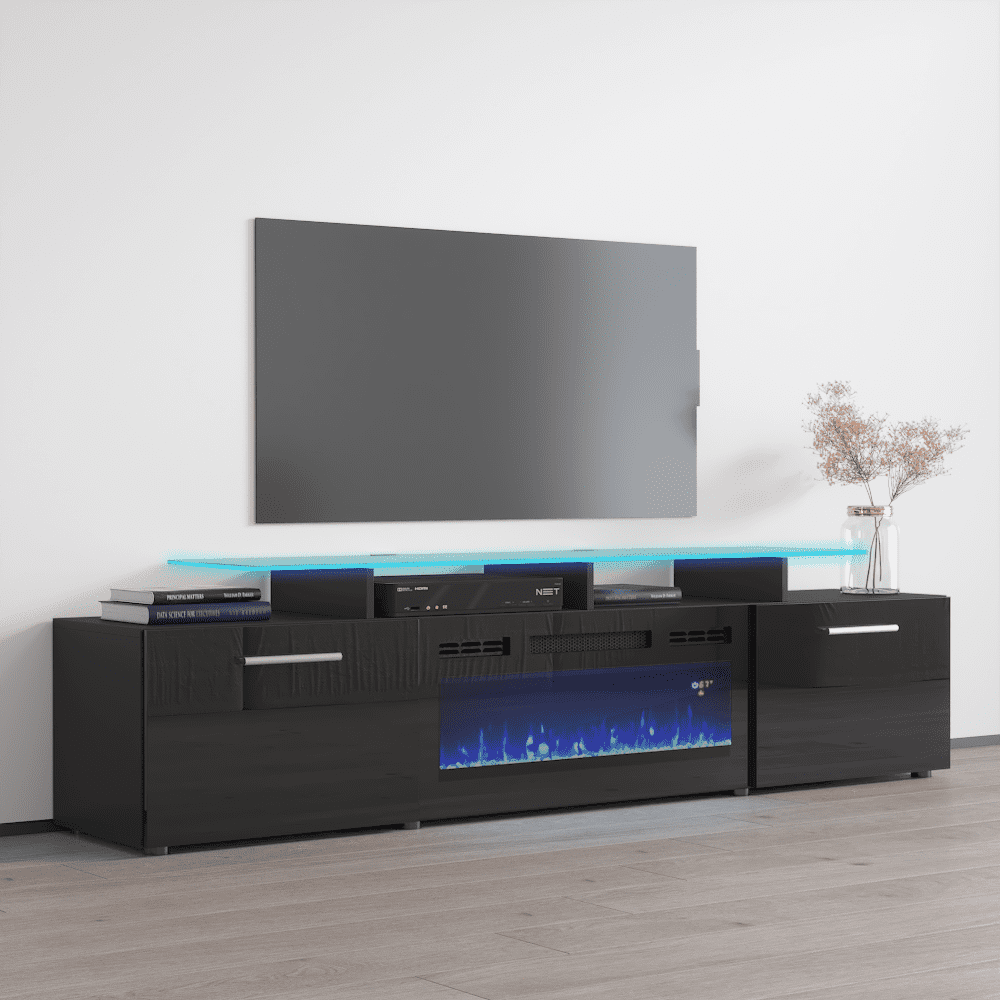 Rova BL-EF Fireplace TV Stand for TVs up to 85", Modern High Gloss 75" Entertainment Center, Electric Fireplace TV Media Console with Storage Cabinets and LED Lights
