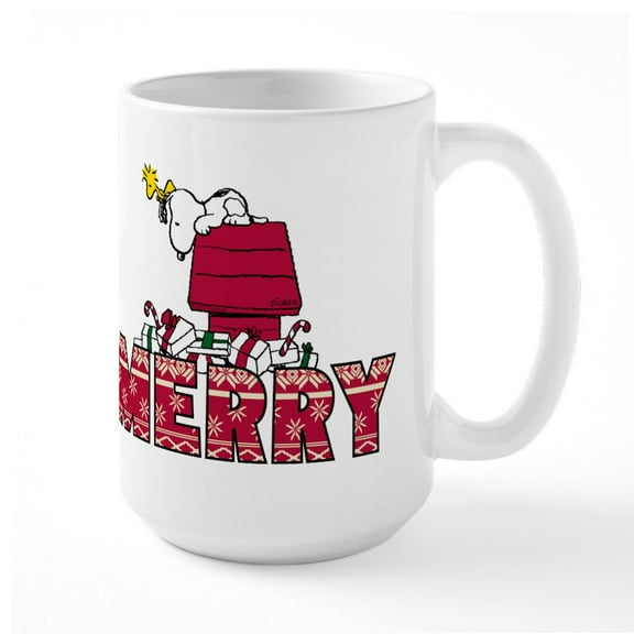 CafePress - Snoopy Merry 15 Oz Ceramic Mug - 15 oz Ceramic Large White Novelty Mug