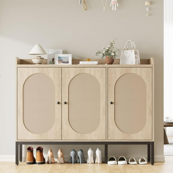 Homhougo Shoe Cabinet with 3 Rattan Doors, Freestanding Shoe Storage Organizer with Adjustable Shelves, 7-Tier Shoe Storage Cabinet for Entryway, Hallway, Living Room, Closet, Natural