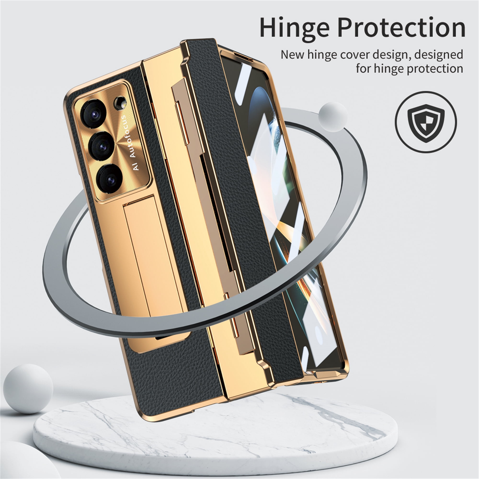 Allytech Galaxy Z Fold4 Case with Screen Protector, Kickstand Rugged Protective Shockproof Anti-Scratch Hinge Protection Phone Case for Samsung Galaxy Z Fold 4 - Black+Gold