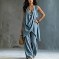 thumbnail image 5 of Women's Solid Stand Collar Sleeveless Draped Top Loose Harem Pants 2 Piece Outfit, Casual Beach Vacation Matching Set Sky Blue XL(XL), 5 of 7