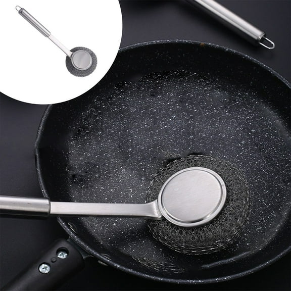 Stainless Steel Sponge Wool Scrubbers, Dish Metal Scrubber Dishwashing Sponge Dishes Scrub, Handheld Scrubbing Cleaner Brush Scouring Pad with Handle and Tray for Kitchen Cleaning 1 Pack