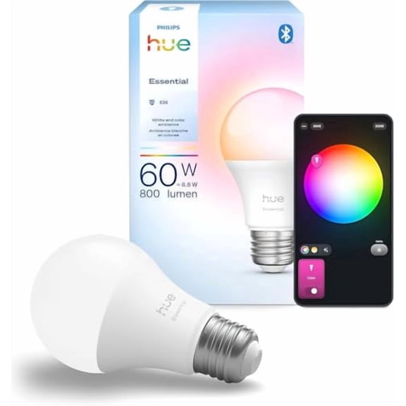Philips Hue Essential Smart LED A19 Bulb, White and Color Ambiance, E26 Base, 8.8W, 2200K-6500K, 800 Lumens, Dimmable, Wor...