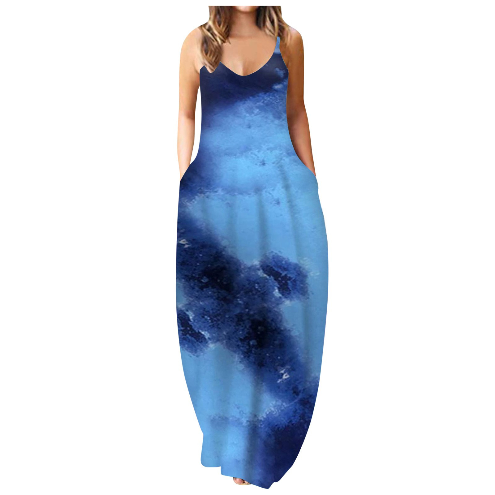 Dress for Women V Neck Side Split Tie Dye Maxi Dress with Pocket Summer Casual Sundress Party Tank Tunic Long Dress Plus