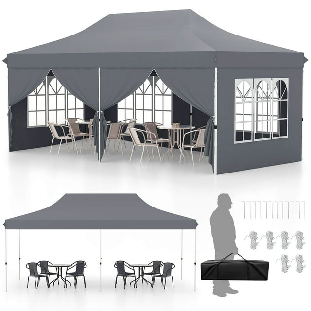 Costway 10 x 20FT Pop up Canopy Outdoor Canopy Tent with 6 Sidewalls Carrying Bag Gray. A spacious gray pop-up canopy tent with adjustable height and detachable sidewalls featuring elegant church-style windows and zippered doors. Supported by a powder-coated metal frame, it includes wind ropes, ground stakes, and sandbags for enhanced stability. Perfect for outdoor events like weddings, parties, and picnics.