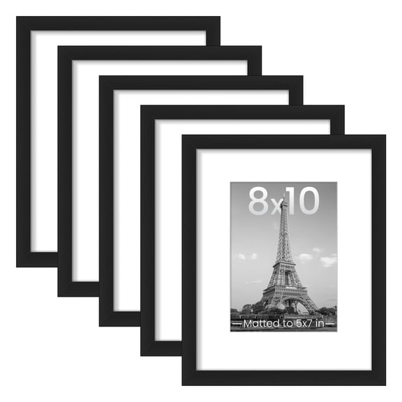 5-Pack 8x10 Picture Frames, Black Gallery Wall Frame Set with Safety HD Plexiglass and 5x7 Mats