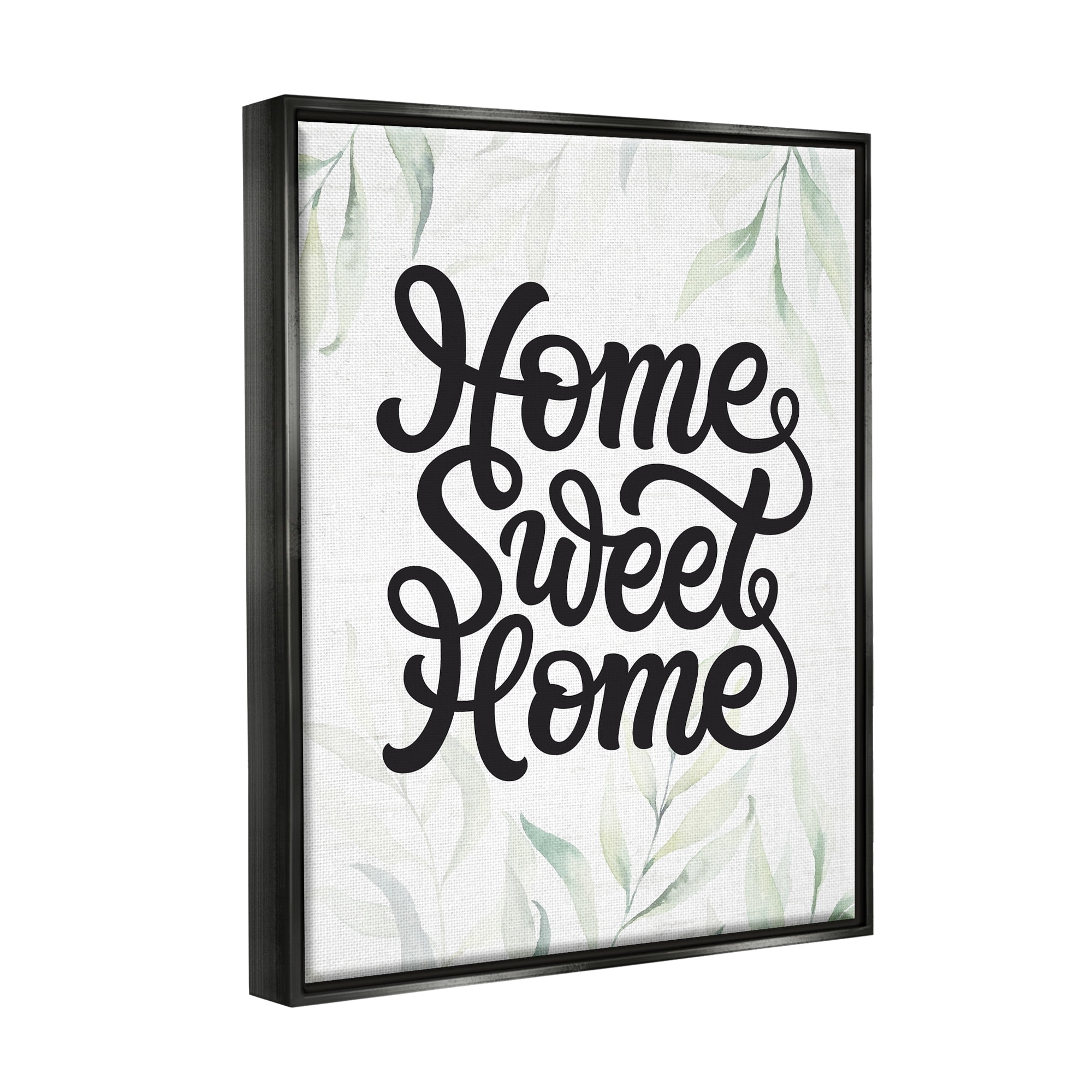 Stupell Industries Sweet Home Bold Retro Calligraphy Plant Leaves Graphic Art Jet Black Floating Framed Canvas Print Wall Art, Design by Lettered and Lined