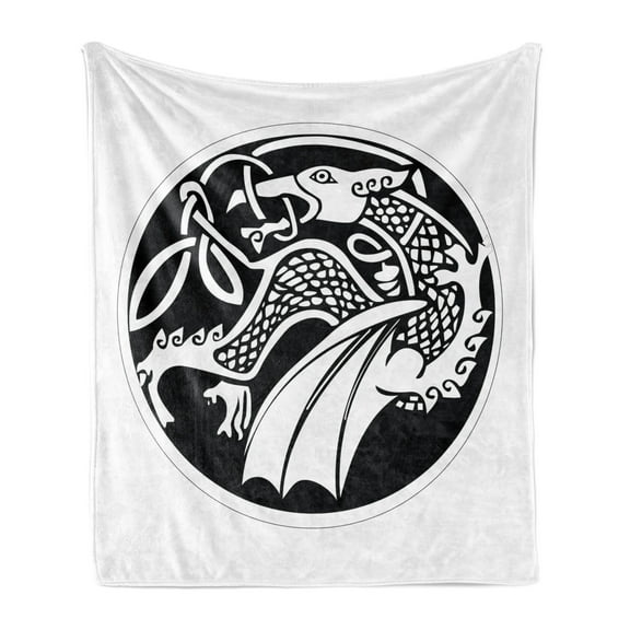 Celtic Soft Flannel Fleece Throw Blanket, Astronomical Druidic of a Mythical Dragon in Round Shape Form Background, Cozy Plush for Indoor and Outdoor Use, 50" x 60", Black and White, by Ambesonne