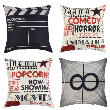 Cushions And Covers Uarter 4-Pack Decorative Throw Pillow Case Set Cotton Linen Throw Pillow Covers Cushion Cover with Invisible Zipper, Movie Theater Pattern, Black and White, 18''* 18'' ()