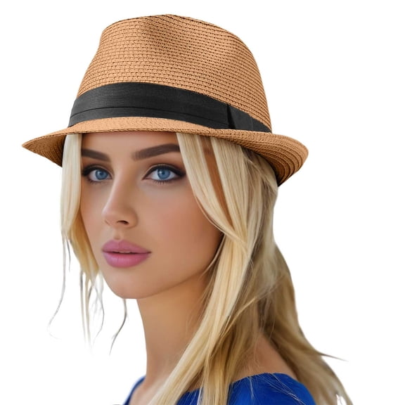 LPKRT Women'S Classic Fedora Hat Short Brim Uv Protection Straw Sun Hat Breathable Summer Beach Hats Khaki