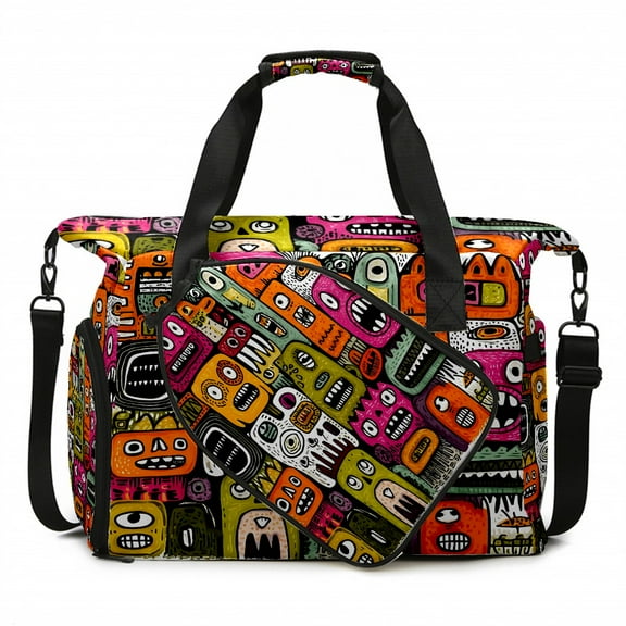 Large Gym Bag with Shoe Compartment, Water-Resistant Duffle Bag for Men and Women, Colorful Whimsical Cartoon Characters Sports Tote for Workout Travel