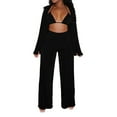 thumbnail image 2 of VISgogo Conjunto de Ropa de 3 Piezas para Mujer, Blusa de Color Sólido de Manga Larga con Cuello de Solapa + Sujetador + Pantalones de Pierna Ancha VISgogo moda, 2 of 9