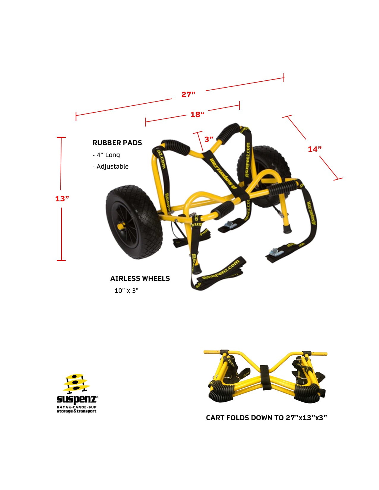 Suspenz Kayak Canoe Transport Trailer, DLX Kayak Cart Trolley, Airless Wheels, Straps, 150lb Capacity