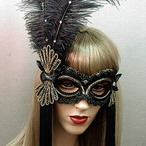 "Broadway" Black Gold Feather Crystal Masquerade Ball Mask