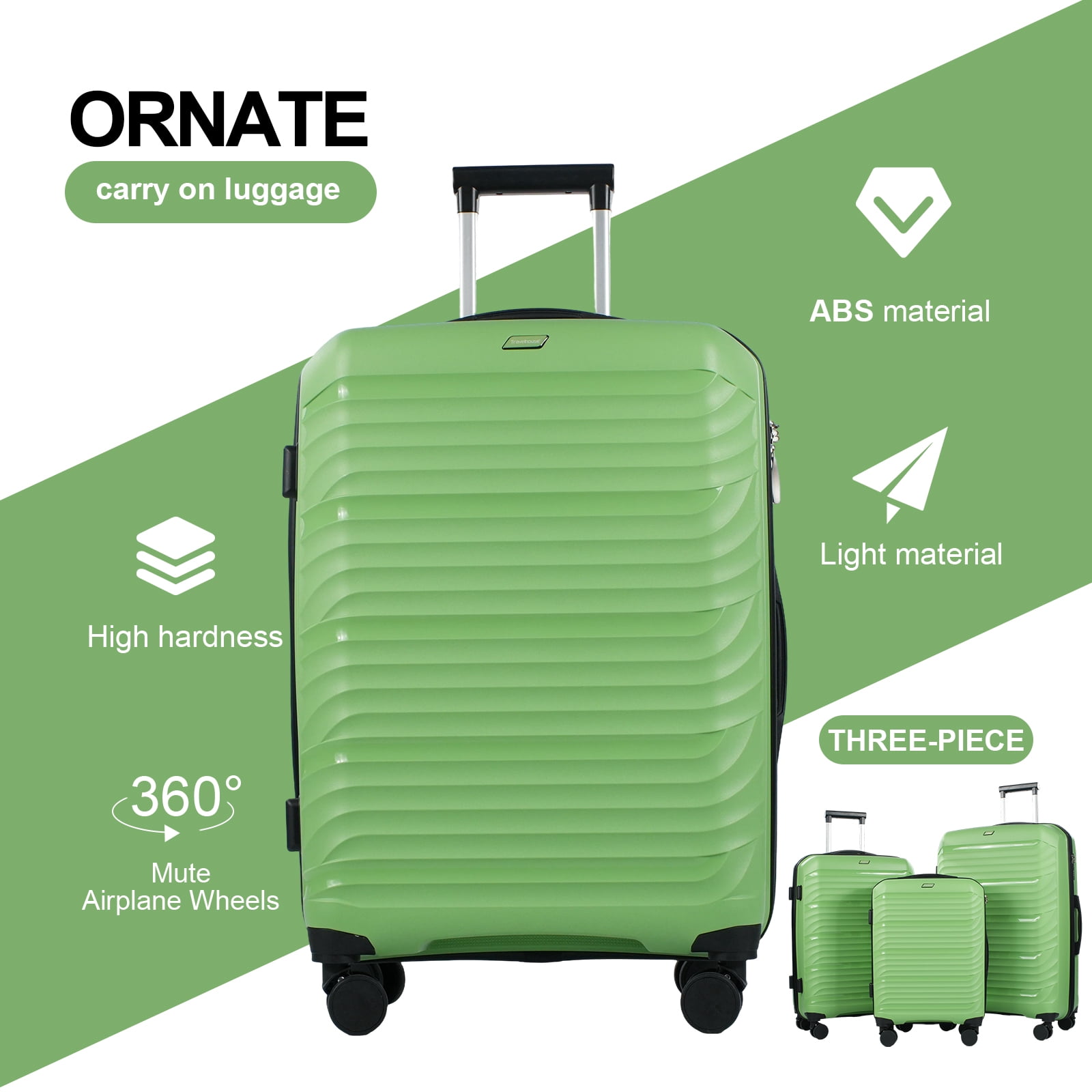 Travelhouse 3 Piece Hardshell Luggage Set Hardside Lightweight Suitcase with Lock Spinner Wheels and 2 Packing Cubes.(Green)