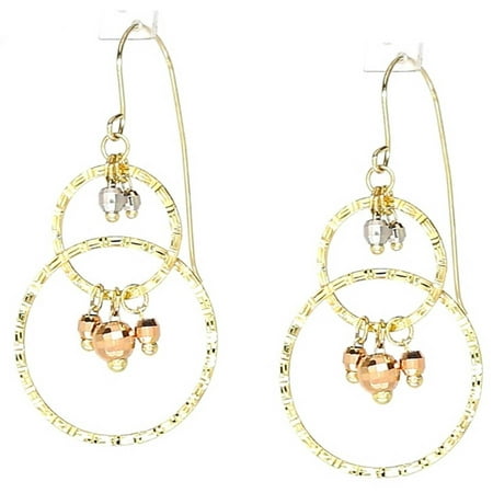 American Designs 14kt Yellow, Rose and White Gold Diamond-Cut Dangle and Drop Double-Hoop with Bead/Ball Earrings, French Wire