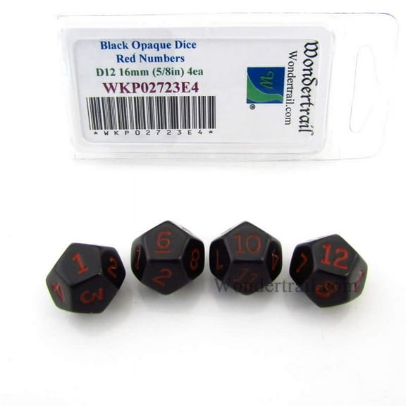 Black Opaque Dice with Red Numbers D12 16mm (5/8in) Pack of 4 Wondertrail
