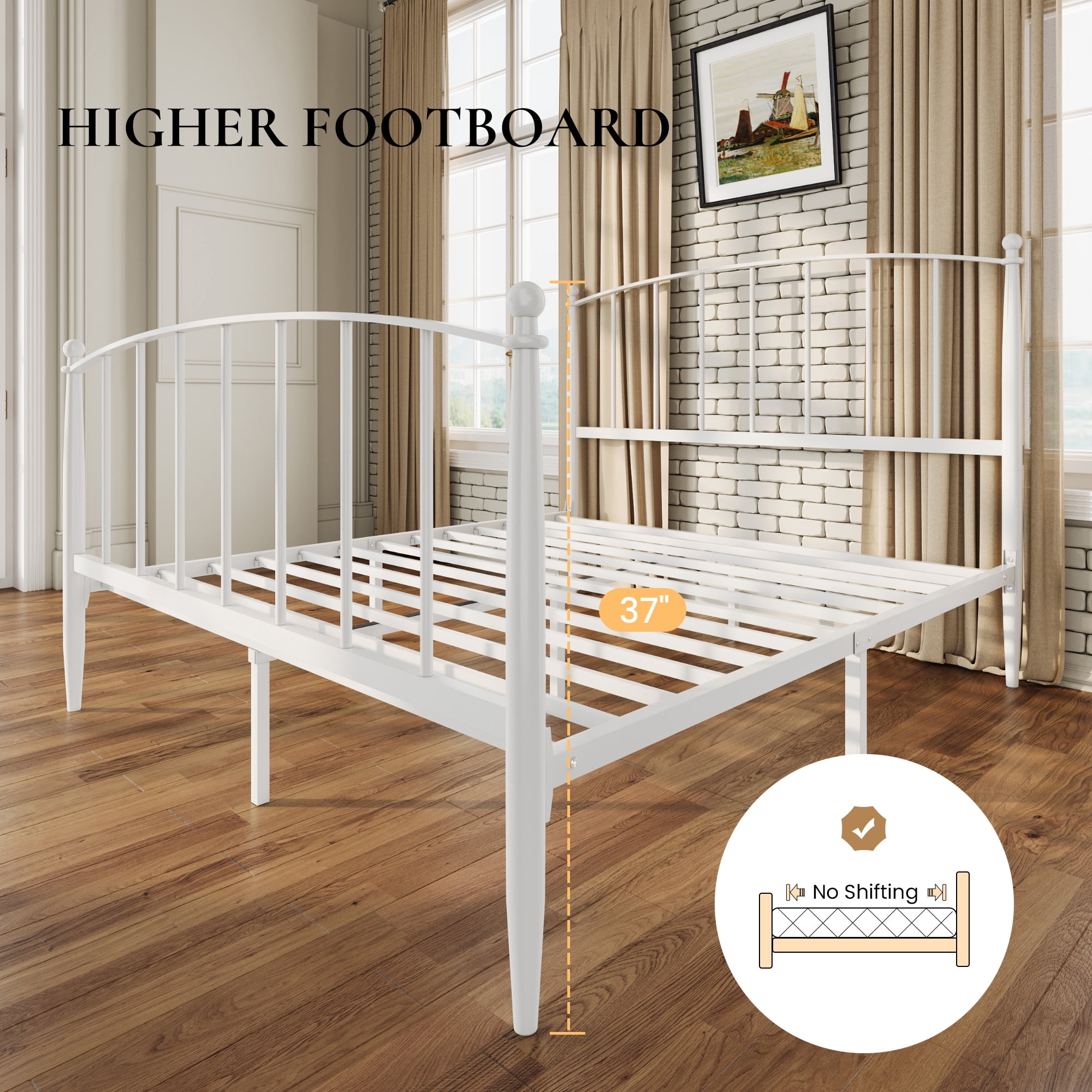 Sha Cerlin Full Size Metal Platform Bed Frame with Victorian Style Iron-Art Headboard and Footboard, White