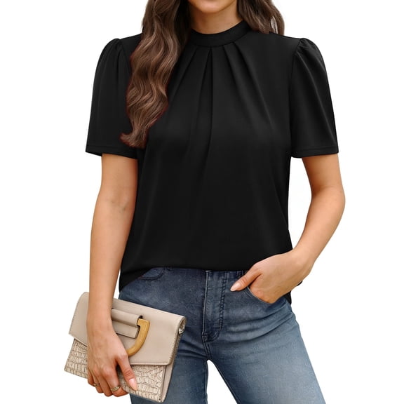 WIHOLL Womens Summer Tops Puff Sleeve Shirts Mock Neck Pleated Business Work Blouses Casual Summer Workout Outfits