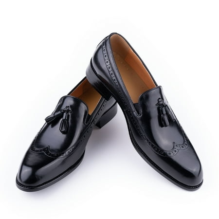 Loafers for Men Tassel New Style Shoe Men s Cowhide Handmade Sewing Casual Wedding Party Slip on Pointed Dress Shoes Man Black 11.5