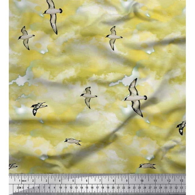 Soimoi Modal Satin Fabric Sky & Flying Swift Bird Print Fabric by the Yard 42 Inch Wide