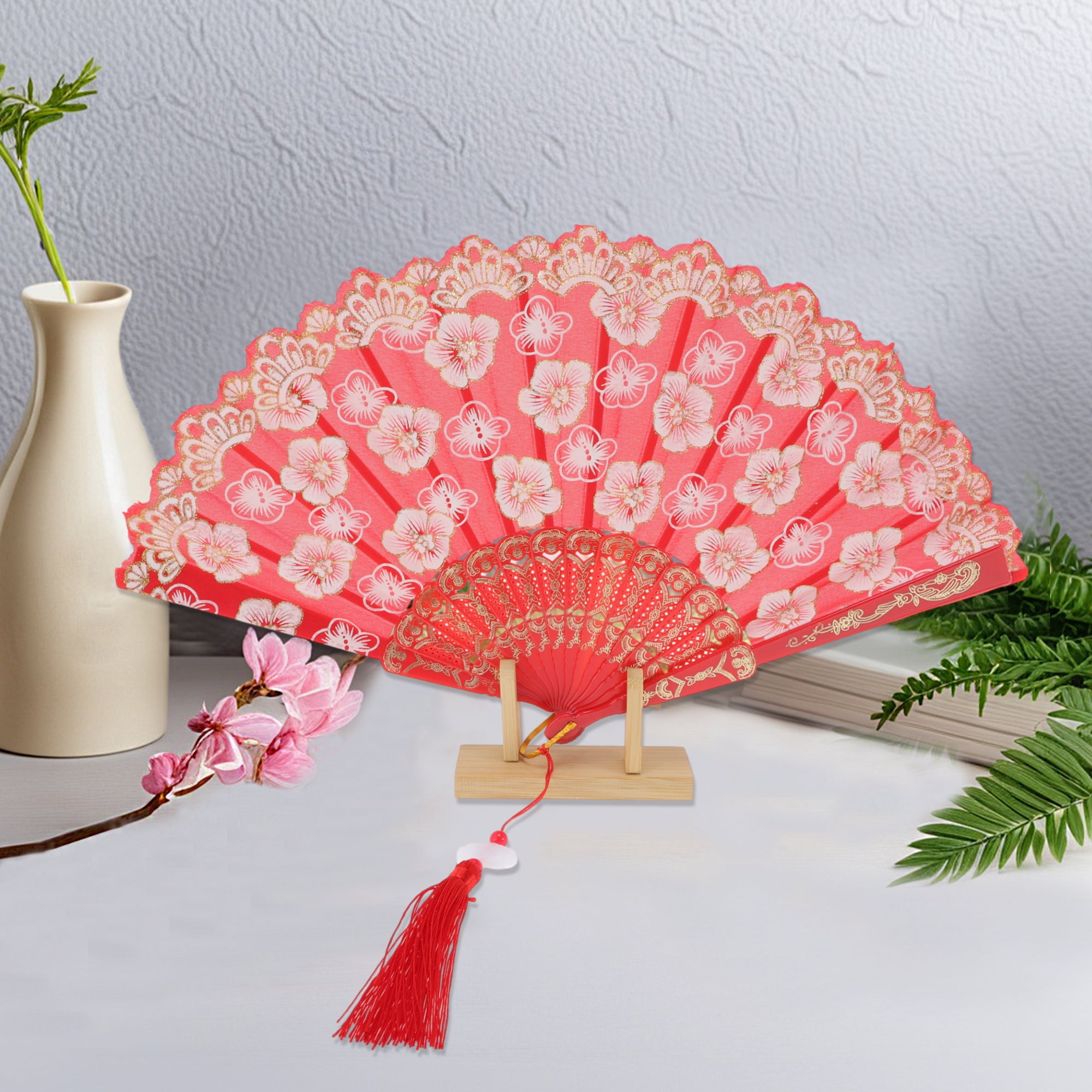 Unique Bargains Elegant Cherry Blossom With Tassel Folding Fan 1 Pc Red