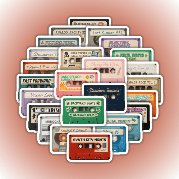 25pcs Retro Cassette Tape Stickers English Music Theme Design for Notebook Journal Luggage Skateboard Car Decoration